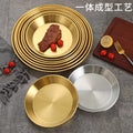 Korean style stainless steel pizza pan, western food round plate, gold flat bottom tray, bbq plate, fruit plate, steak plate, cake plate