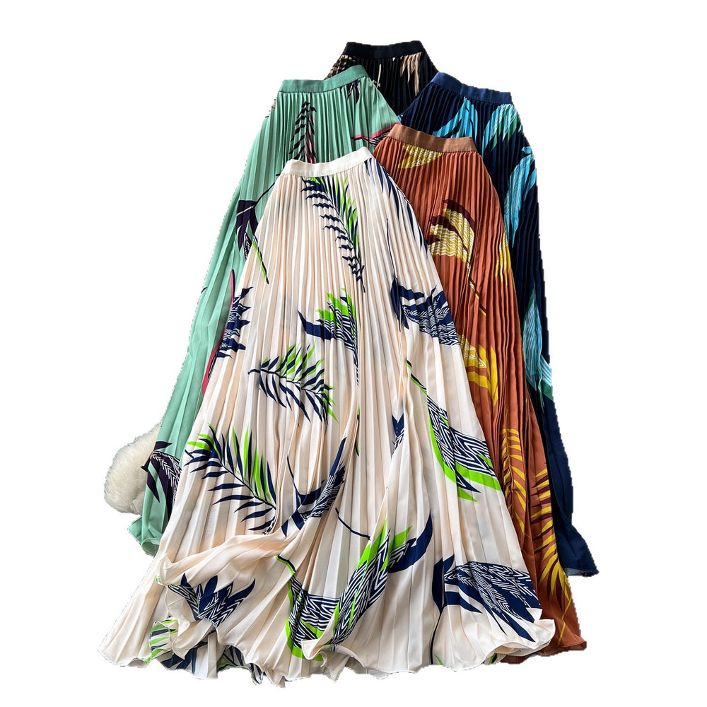 French printinghigh waistslimming looka-line pleated skirt women's summer midi skirt vacation style elegant work clothing skirt
