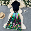 Fashion light mature style two-piece set women's high collar short-sleeved knittingtopshigh waistprintingpleated skirtsuit