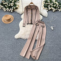 High-end fashionablecontrast color metal buckle polo collar long sleevesknittingtops women's high waist wide leg straight-leg pants two-piece set
