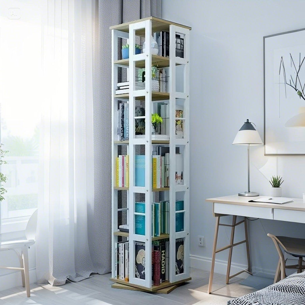Rotating student bookshelf bookcase, mobile multi-tier kids storage floor rack, simple organizer, multifunctional living room shelf