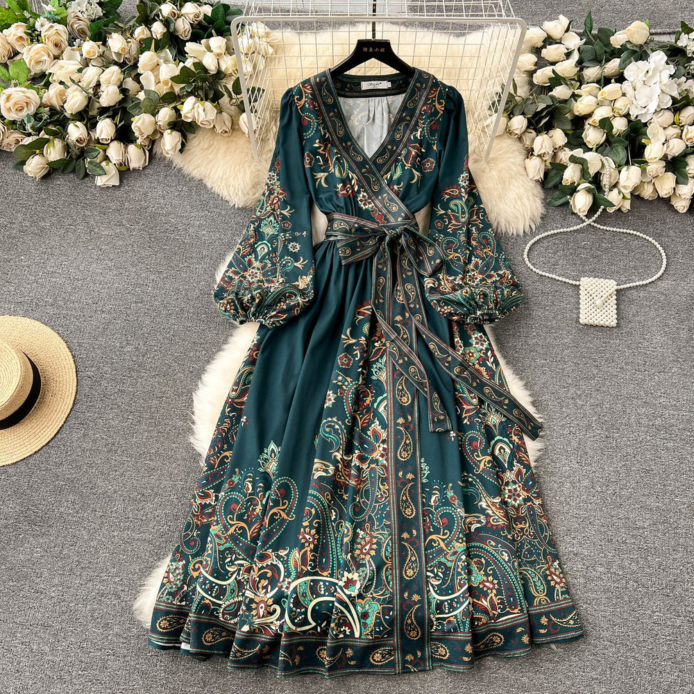 2024 early spring new french chic one-piece tie-waist printed dress - women's luxury elegant maxi dress