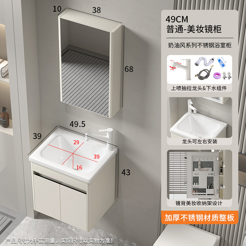 Small apartment bathroom cabinet Thickened stainless steel washstand Integrated cabinet Storage mirror Washstand Deepened ceramic integrated basin