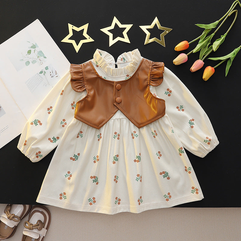 Baby girl spring dress with padded vest detail, patchwork skirt, toddler & little girl printed princess dress, casual long sleeve dress for girls