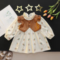 Baby girl spring dress with padded vest detail, patchwork skirt, toddler & little girl printed princess dress, casual long sleeve dress for girls
