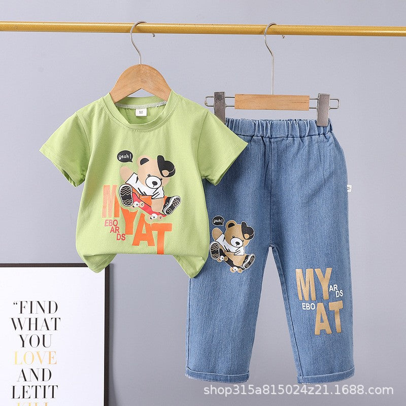 Summer  new arrivals: 0-5 year old kids' cartoon car & animal print crewneck short sleeve & denim pants two-piece cotton set