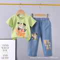Summer  new arrivals: 0-5 year old kids' cartoon car & animal print crewneck short sleeve & denim pants two-piece cotton set
