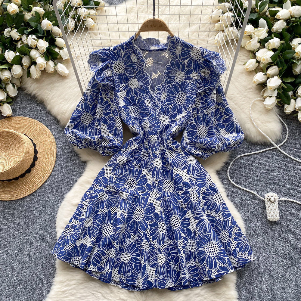 summer new arrival: french-inspired, unique, slimming v-neck lantern sleeve embroidered print cinched waist dress for women