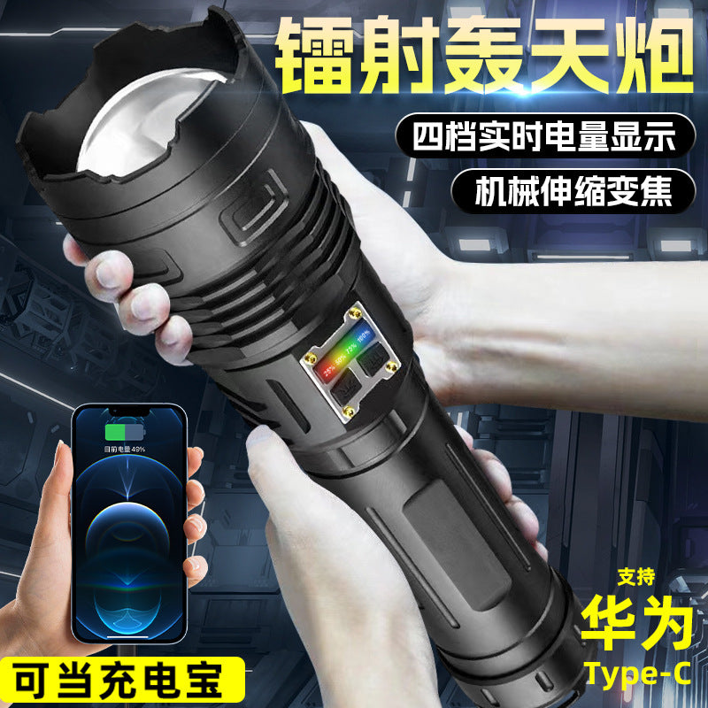 Cross-border new multi-function strong light USB charging display double switch, telescopic zoom high-power outdoor flashlight