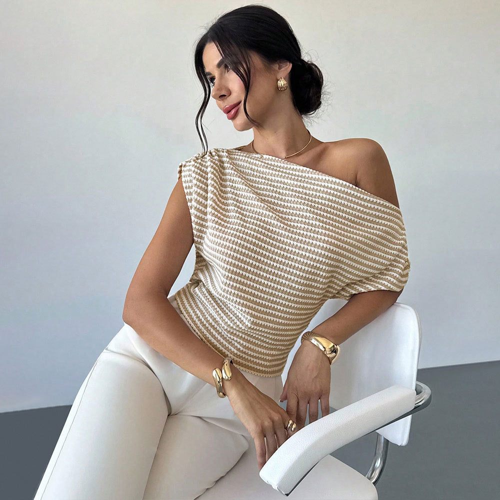 Summernew arrivalstylishfashion single-sided off-shoulder stripes short-sleeved topswork clothingeasiest for match waist knitting shirt t-shirt