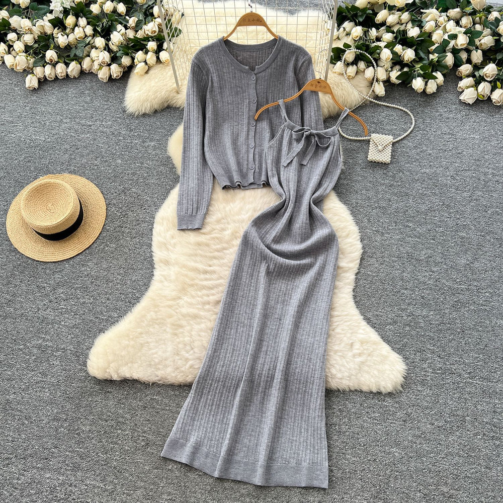 Feminine eleganttwo-piece set autumn classy waist suspender knittingdress+long sleevescardiganoutwear