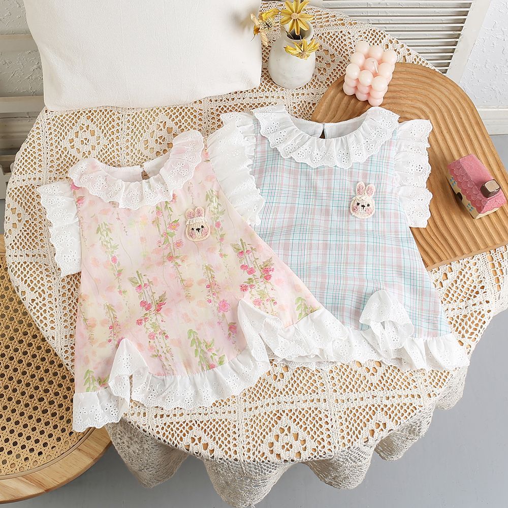 summer newborn infant cute french lace trimmed blue plaid bunny romper - perfect for outings and tummy time
