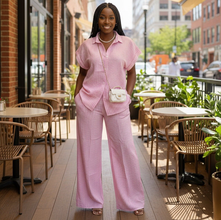 European and american cross-border women's fashion  summer new arrival: elegant sweet pink short-sleeve striped shirt and wide-leg pants set