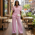 European and american cross-border women's fashion  summer new arrival: elegant sweet pink short-sleeve striped shirt and wide-leg pants set