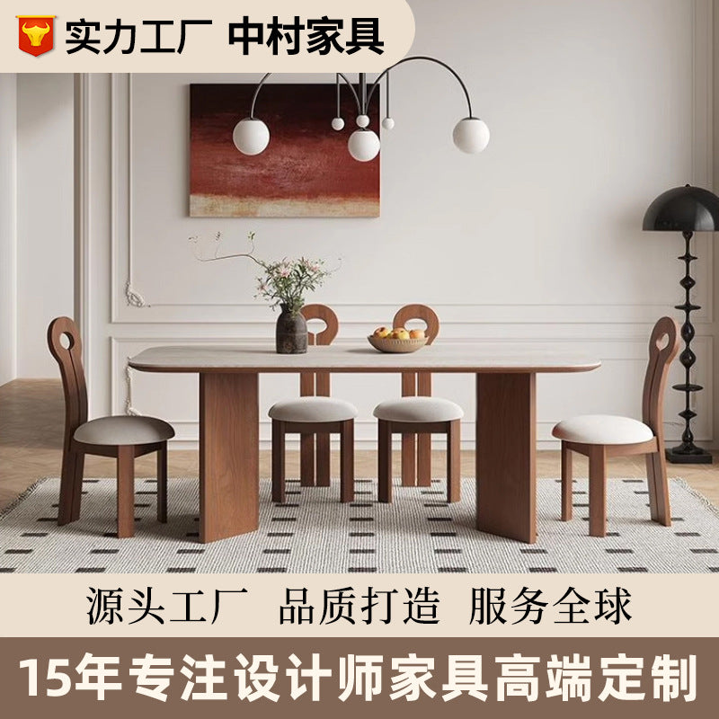 Cream solid wood rock slab dining table chair 2024 new Internet celebrity antique family small apartment travertine ash wood