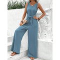 Women's sleeveless v-neck tie-waist bodysuit with knotted straps, wide-leg jumpsuit crop top - perfect for beach vacations and everyday casual wear