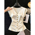 Women's new summer french chic solid color satin v-neck shirred waist blouse - perfect for office commuting