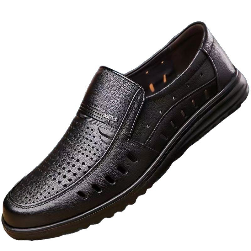 Summer cowhide leather sandals for men - casual, genuine leather, soft sole, perforated, breathable, non-slip, hollow-out design - perfect for middle-aged and elderly dads