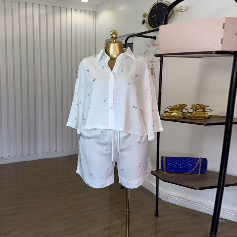 European and american cross-border women's fashion:  summer new arrival - stylish turn-down collar, loose fit, rhinestone-embellished shirt and wide-leg shorts casual set