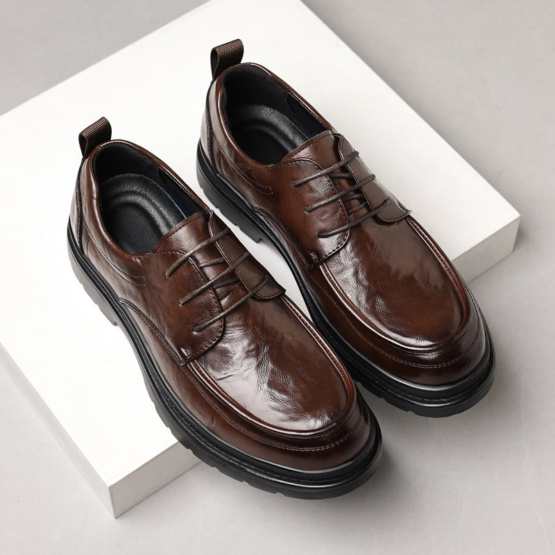 Men's leather dress shoes - breathable, british style, business casual, textured sole, chunky sole, height increasing, black leather shoes for men, groom's wedding shoes
