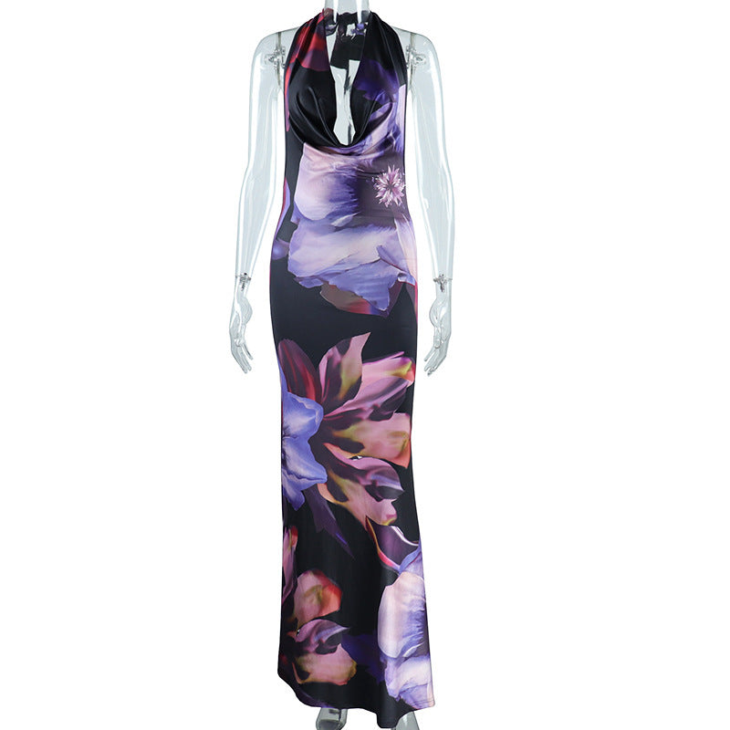 2022 new European and American women's clothing   manufacturers digital printing sexy drape collar long medium and long dress
