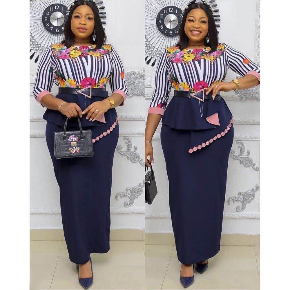 African plus size  spring style printing high waistslimming look hip-covering asymmetricalruffleswork clothingdress wholesale