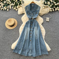 K-stylework clothing lapel sleeveless denim dress women's summerhigh waist waist single breasted slimming lookelegant long skirt