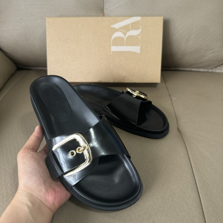 Spain 2025 spring/summer new women's one-strap sandals & slippers - versatile leather buckle detail, casual low heel, flat women's shoes