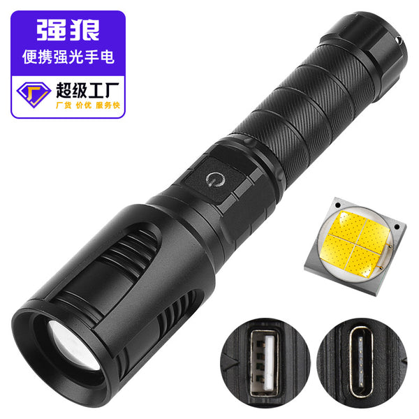 New telescopic zoom high power P50 strong light flashlight led outdoor Type-C rechargeable aluminum alloy flashlight