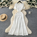 French chic high-end beaded round neck short sleeve hollow-out knit dress - women's slimming waist sweater dress