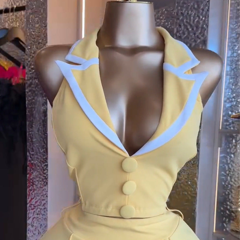 European and american women's clothing  autumn new collection: sweet and fresh sleeveless vest with suit collar and high-waisted straight-leg pants two-piece set