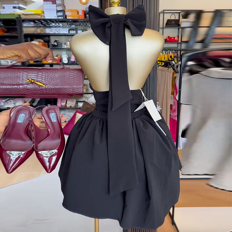 European and american cross-border women's fashion:  summer new arrival - elegant v-neck halter neck bowknot backless high-waisted mini dress