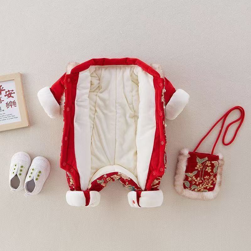 Newborn winter chinese style romper - adorable bunny mandarin collar jumpsuit for baby boys and girls