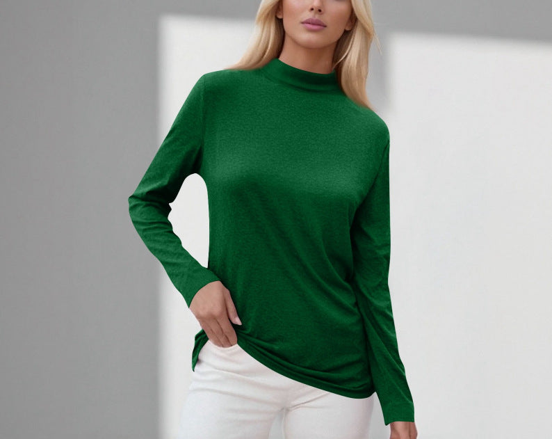 cross-border new women's long-sleeve t-shirt: everyday casual, mid-neck, solid color top, base layer - in stock