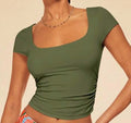 hot-selling new women's fashion: european and american slim-fit solid color short-sleeve summer square neck casual t-shirt for women
