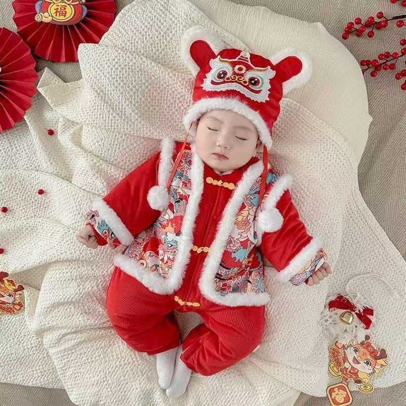 Baby new year's day outfit festive onesie baby winter clothes red hundred days first birthday dress fleece-linedthickened new year clothes