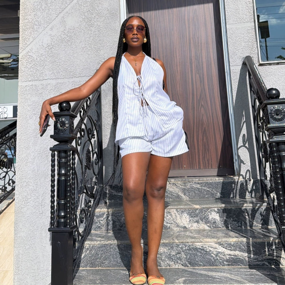European and american cross-border women's fashion:  summer new collection - striped sleeveless halter top with v-neck tie and shorts set