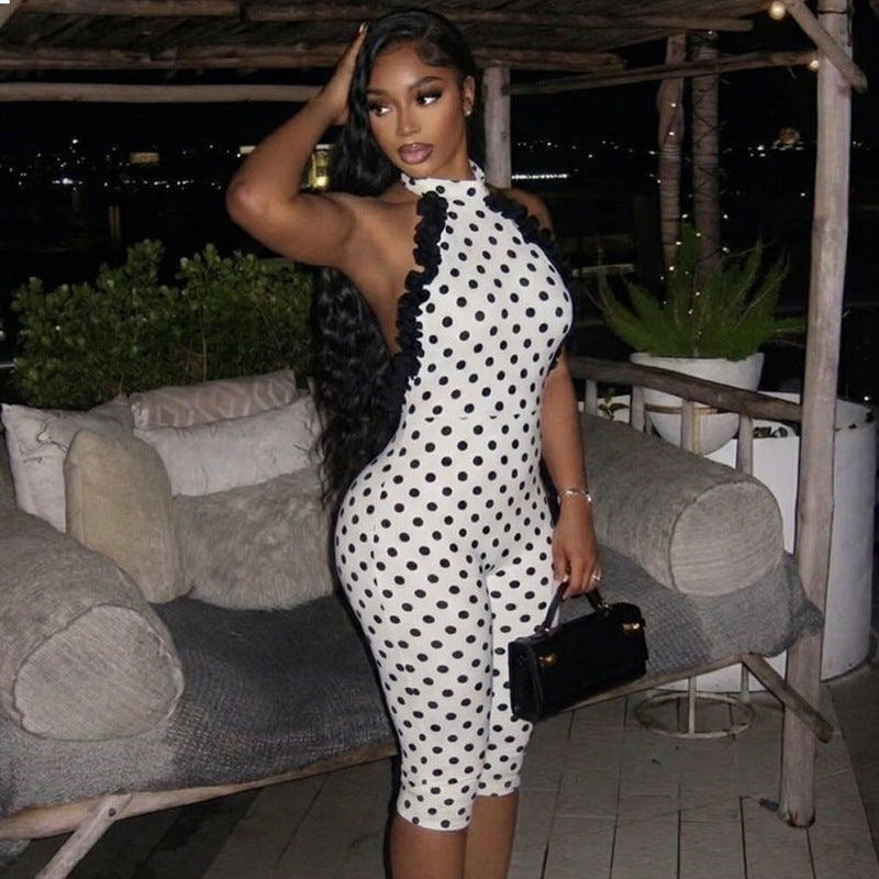 European and american style cross-border printed women's high-neck slim-fit summer jumpsuit backless low-waist tie-up trendy bodysuit wholesale