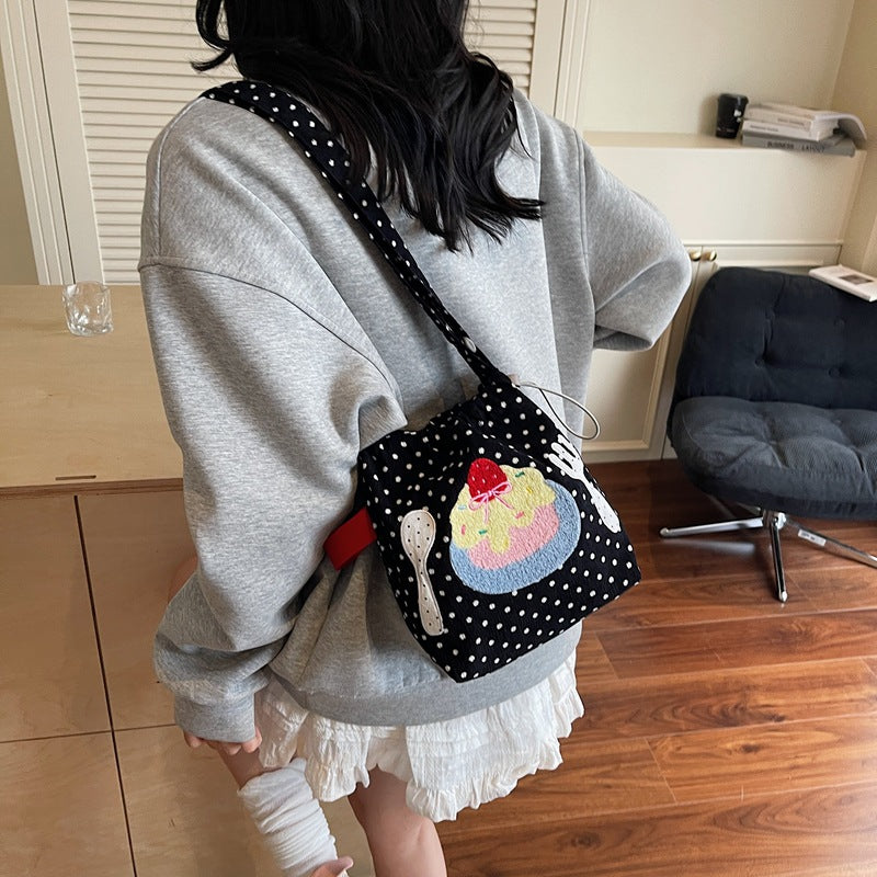 Cross-border cartoon canvas bag women's new drawstring messenger bag simple portable cloth bag bucket bag lightweight shoulder bag