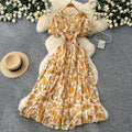 French retro v-neck short sleeve printed dress - women's summer european & american style korean slimming a-line maxi dress
