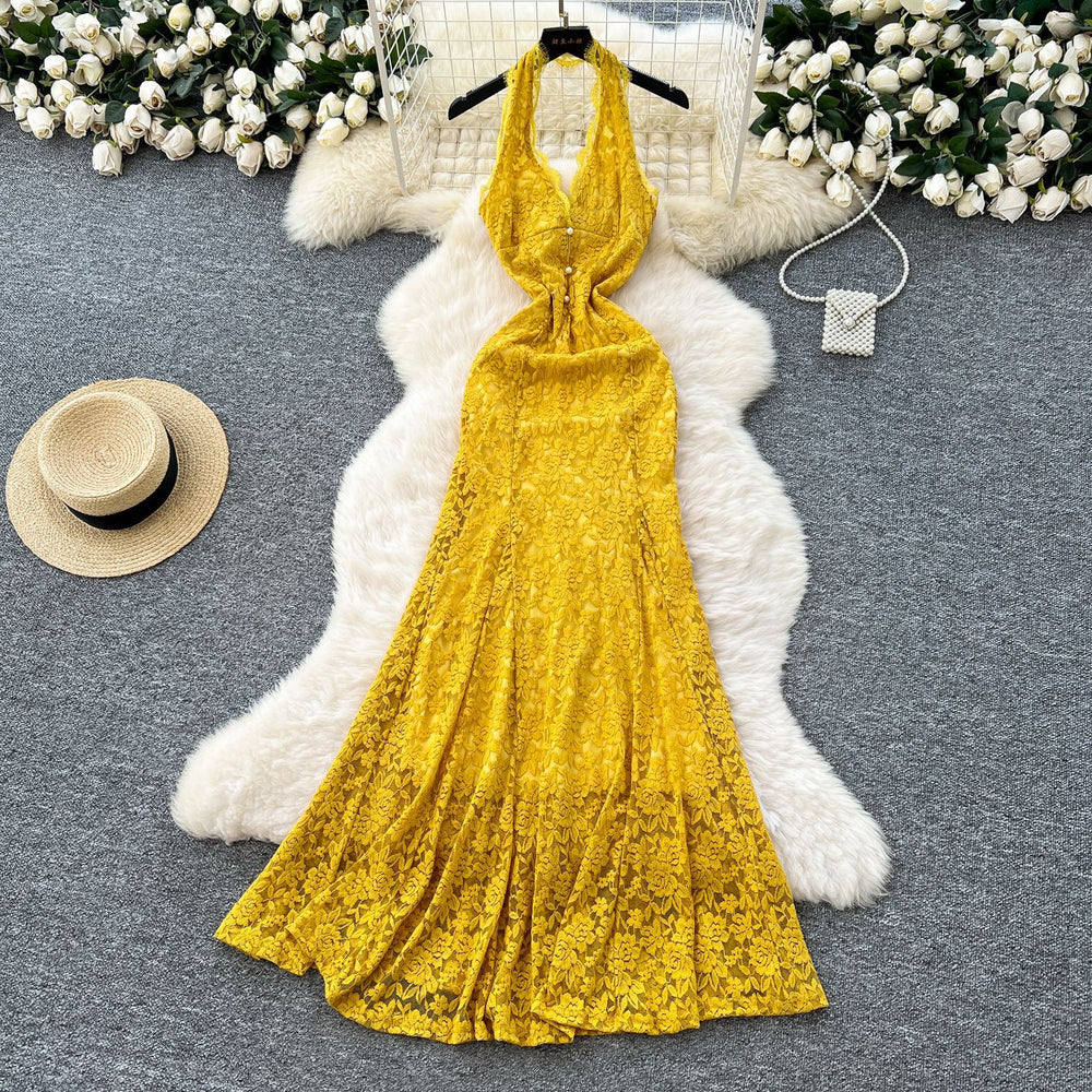 French chic v-neck halter lace dress - women's summer sexy slim-fit open back mermaid maxi dress