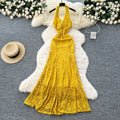 French chic v-neck halter lace dress - women's summer sexy slim-fit open back mermaid maxi dress