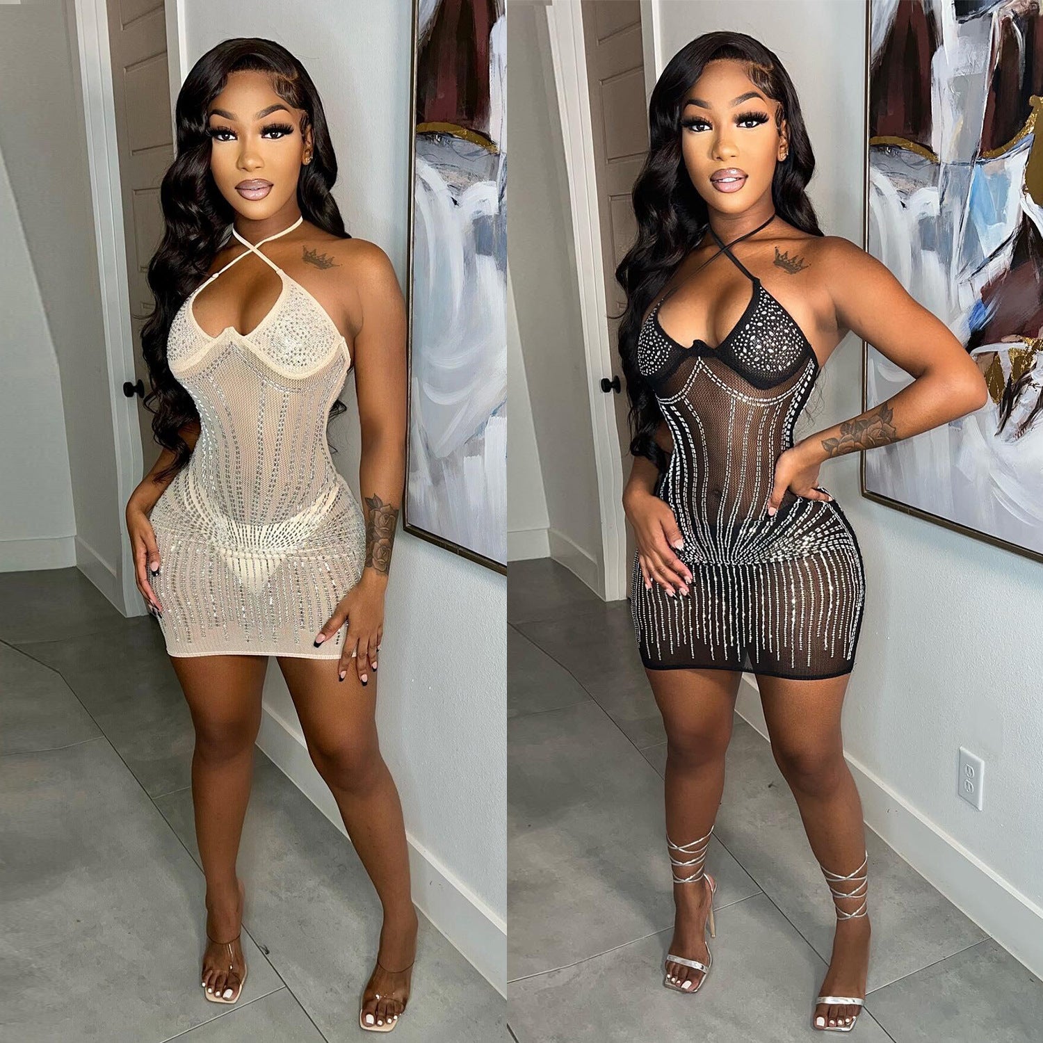 SK2506 sexy European and American suspender slim-fit chest-wrapped hot diamond dress, nightclub dress