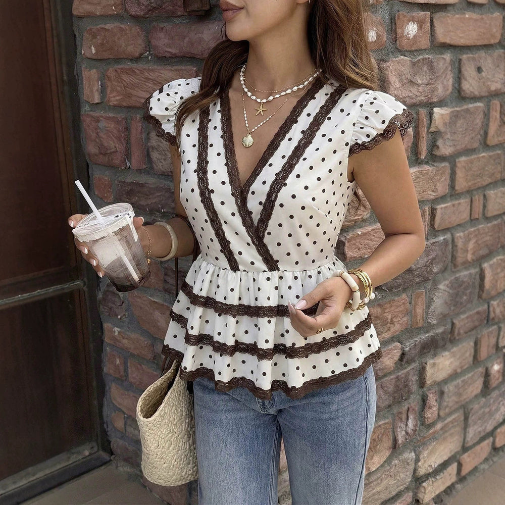 Exportfashion gentle style lacetops small wave pointcontrast colorlacev neck flying sleeves layered ruffle tops