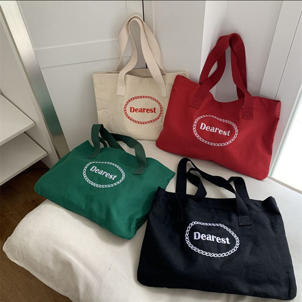 Spring 2022 Korean version ins single shoulder canvas letter embroidered women's bag large capacity tote bag portable casual women's bag