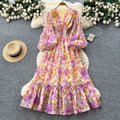 French retro v-neck lantern sleeve printed dress - women's  autumn collection - cinched waist, elegant ruffle hem maxi dress