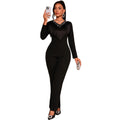 Black long-sleeve tassel jumpsuit v-neck beaded bodycon party slimming romper jumpsuits