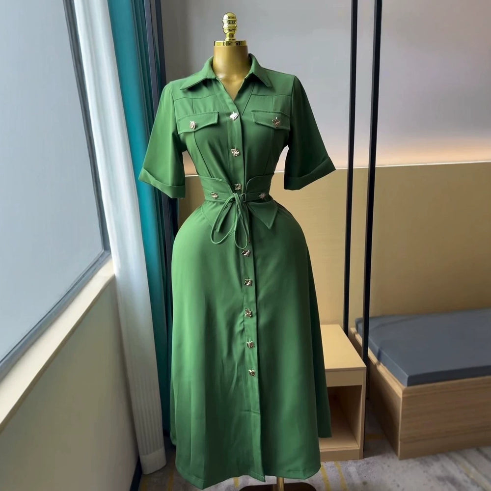 European and american cross-border women's fashion:  summer new arrival - elegant commute single-breasted lapel tie-waist shirt dress