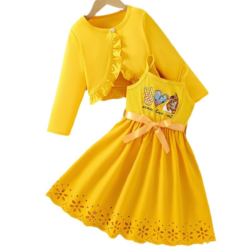 new girls' dress set: cute cat print, bow detail, hollow-out hem two-piece sundress set