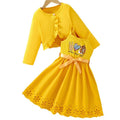 new girls' dress set: cute cat print, bow detail, hollow-out hem two-piece sundress set